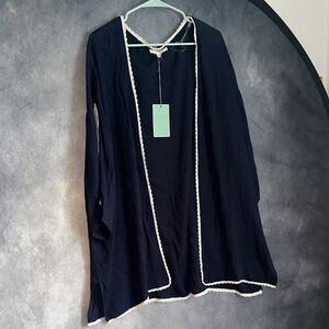 Andrée by Unit Sheer Dark Blue Duster Cardigan with Light Cream Trim and Lace